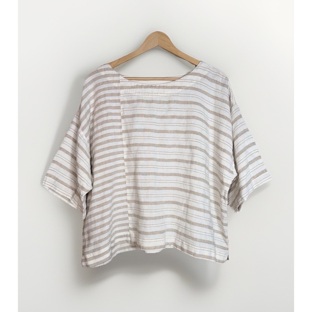 Pure Jill by J. Jill Woman's 100% Linen Beige Stripe Boxy Top SP Beach Lagenlook